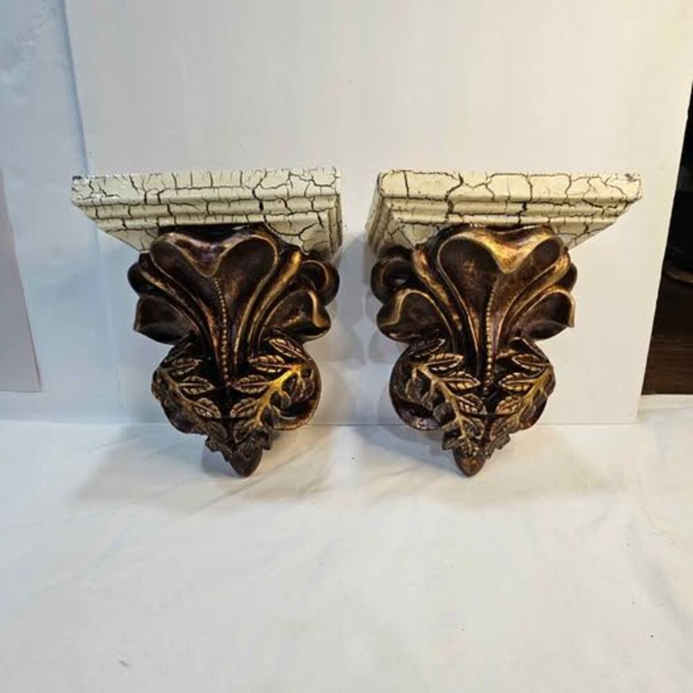 Pair of Ornate Gold and Crackle Finish Wall Corbels